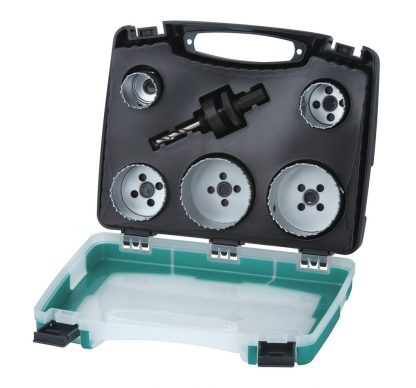 Wolfcraft sada 5 Bi-metalových děrovek  sanita 25-83 mm + upínací trn, v kufru 5422000